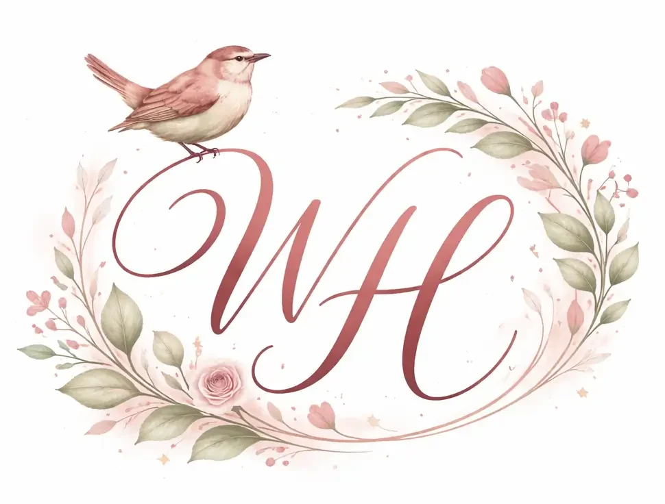 Watercolor floral logo with bird and initials WH representing author Wren Harper